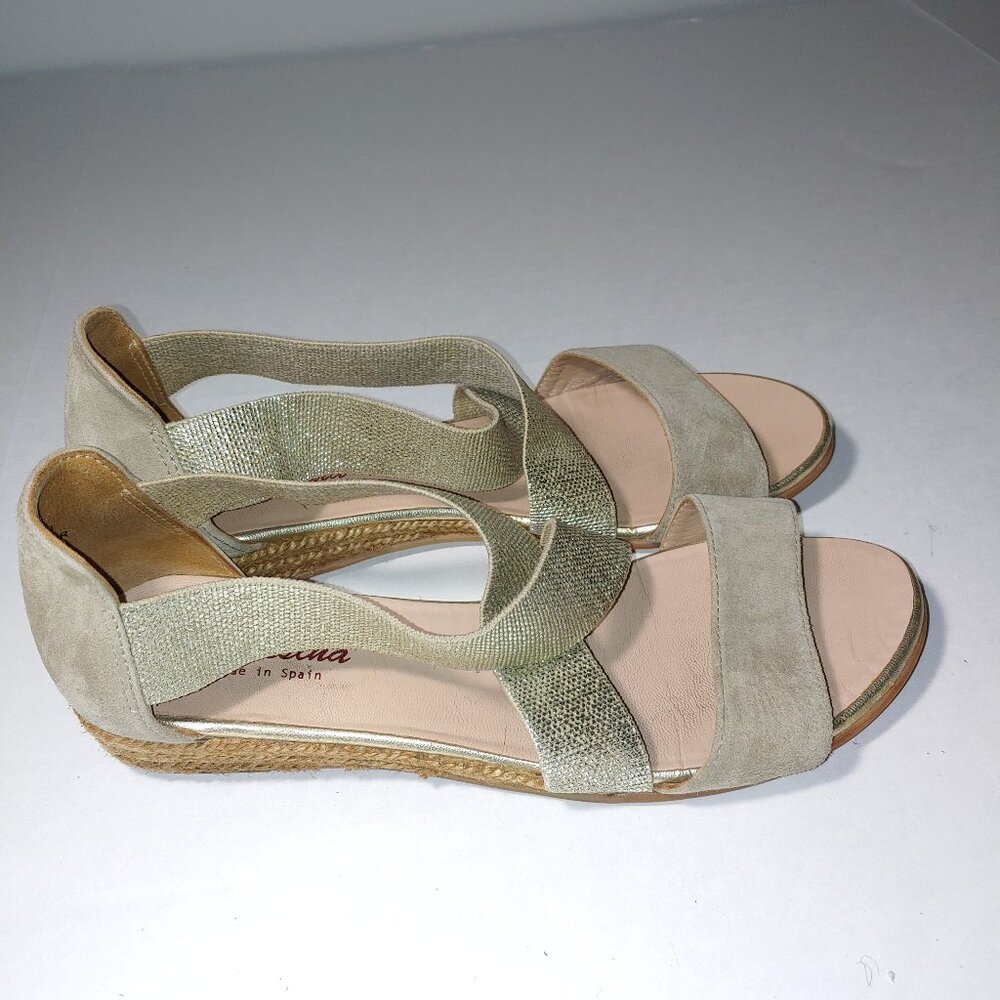Campesina Nover Wedge Leather Suede and Metalis Stripes Sandals Size 9 Tan Gold